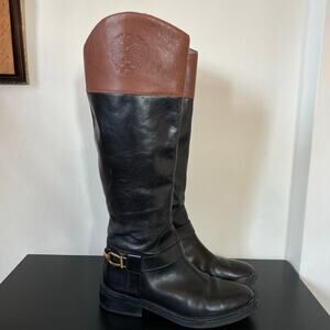 Vince Camuto Amanyir Tall Leather Harness Flat Riding Boot 8M 38.5 Black Brown